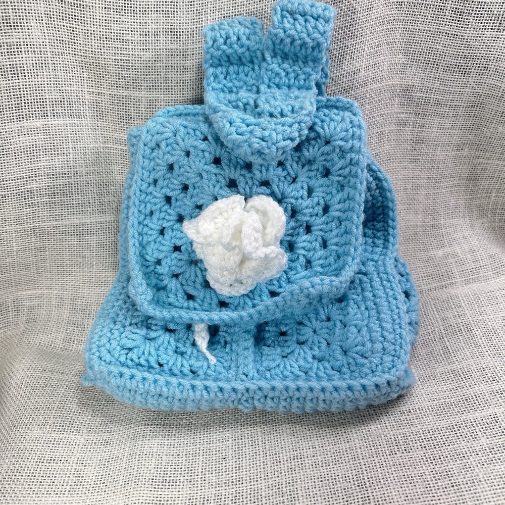 Hand Crocheted Mini Backpack Blue White‎ Flower Boho Festival Handmade